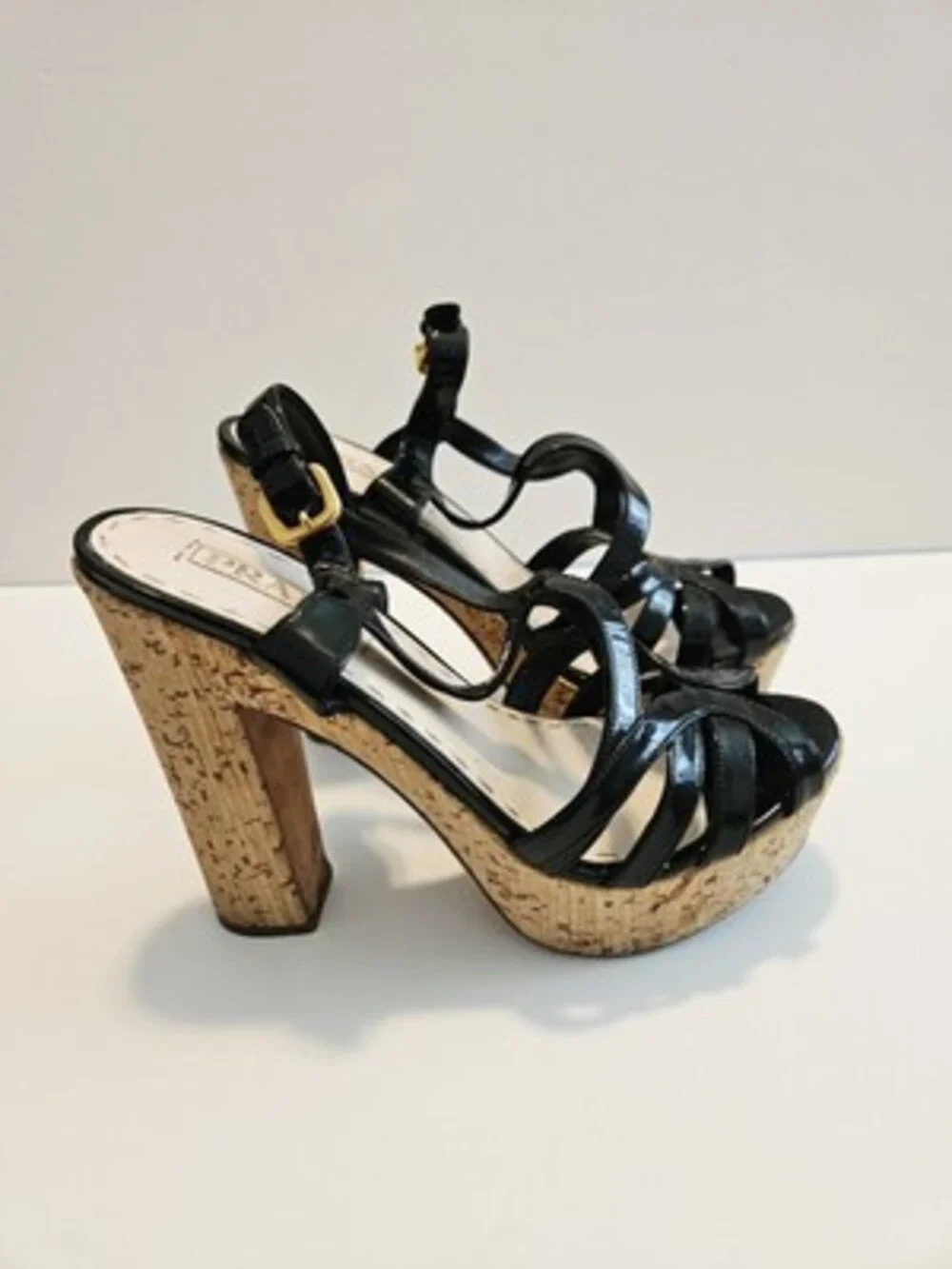 PRADA Milano Black Patent Leather Cork Platform Block US9/UK39 Heels Slingback
